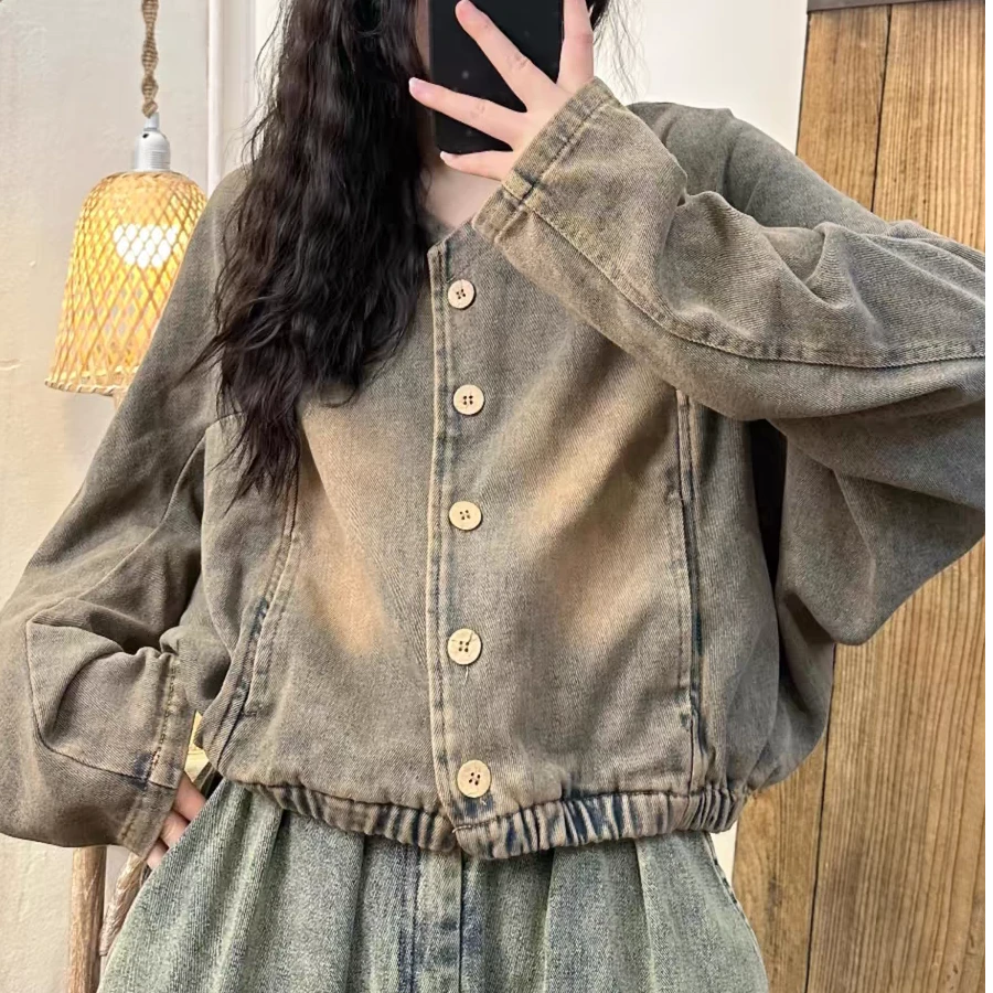 TYF.复古小众休闲炒色做旧下摆松紧牛仔外套女