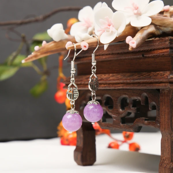 g0133经典银色葫芦耳钩搭配淡紫色圆珠耳坠