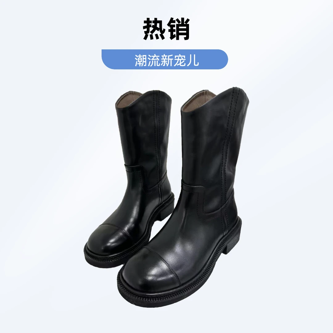 1031-1小牛皮短靴骑士靴时尚女士黑色潮流真皮防滑英伦圆头短靴