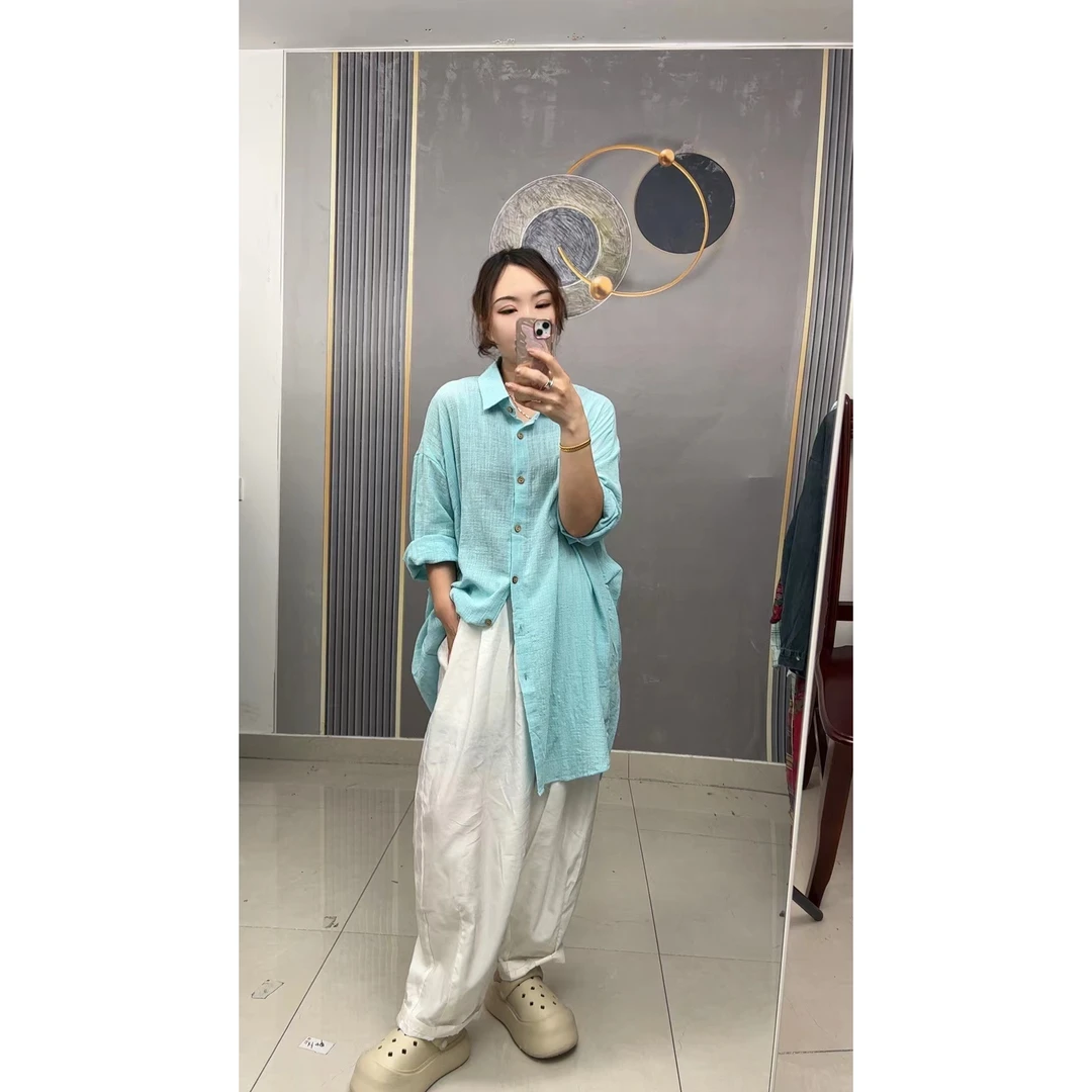 【流浪记】主播同款  宝石蓝麻质休闲宽松休闲开衫018