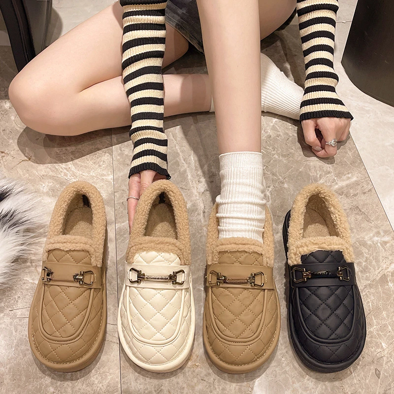 冬季女鞋毛毛鞋加绒加厚豆豆鞋孕妇软底乐福防水防滑雪地棉鞋子