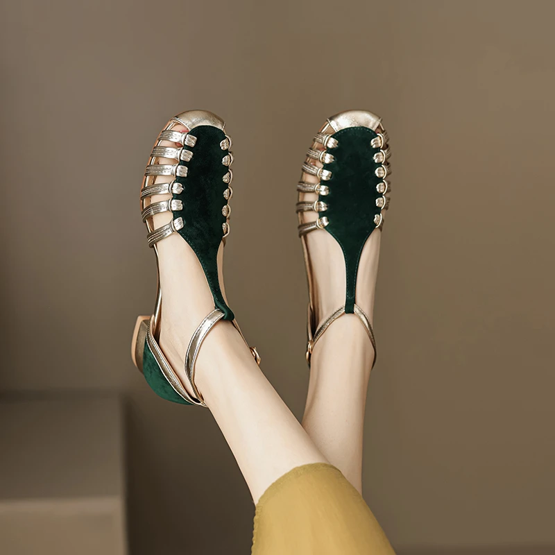 手工鞋/3cm中跟复古软底猪笼鞋圆头粗跟百搭真皮包头凉鞋女夏S110