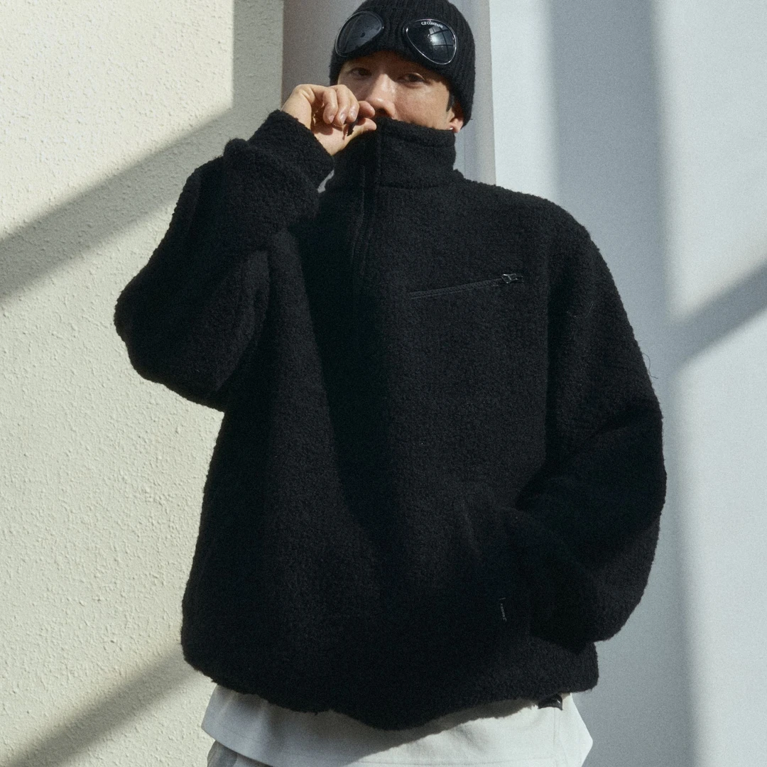 TANOXI J146「65%羊毛」高密羊羔绒 半拉链立领抽绳卫衣夹克外套