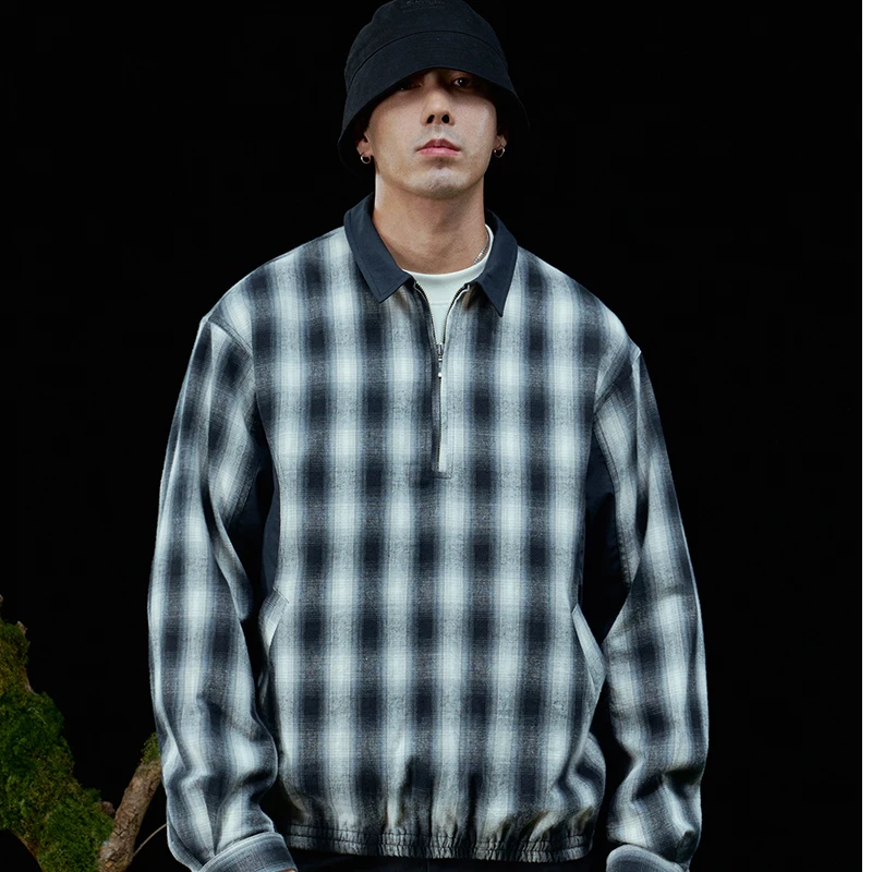 TANOXI S059 磨毛定织纯棉格纹布 索罗娜拼接 半拉链长袖衬衫polo