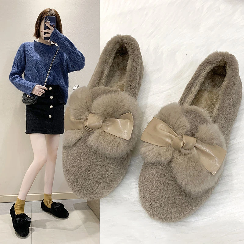 意尓康正品豆豆鞋女冬加绒2023百搭懒人一脚蹬毛毛鞋女外穿棉鞋