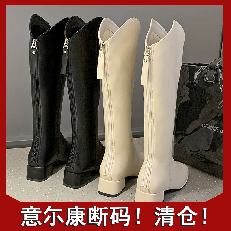 意尓康正品时尚不过膝长筒靴骑士靴2022年新款春秋白色粗跟显瘦小