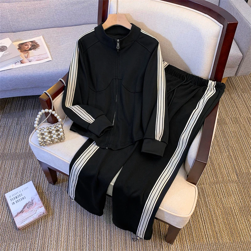 大码时尚套装春秋季港风潮流长袖开衫外套高腰裤子秋季气质两件套