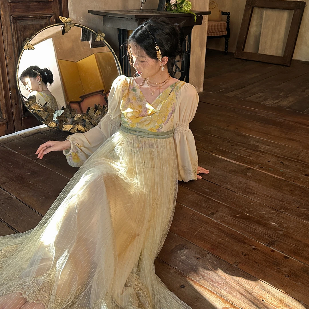 风与熏/贝尔庄园 原创法式复古网纱帝政风长裙早秋长款重工连衣裙