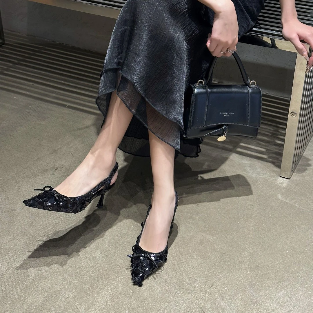 闪耀银河银色亮片尖头凉鞋女后空夏季包头细高跟鞋310-18