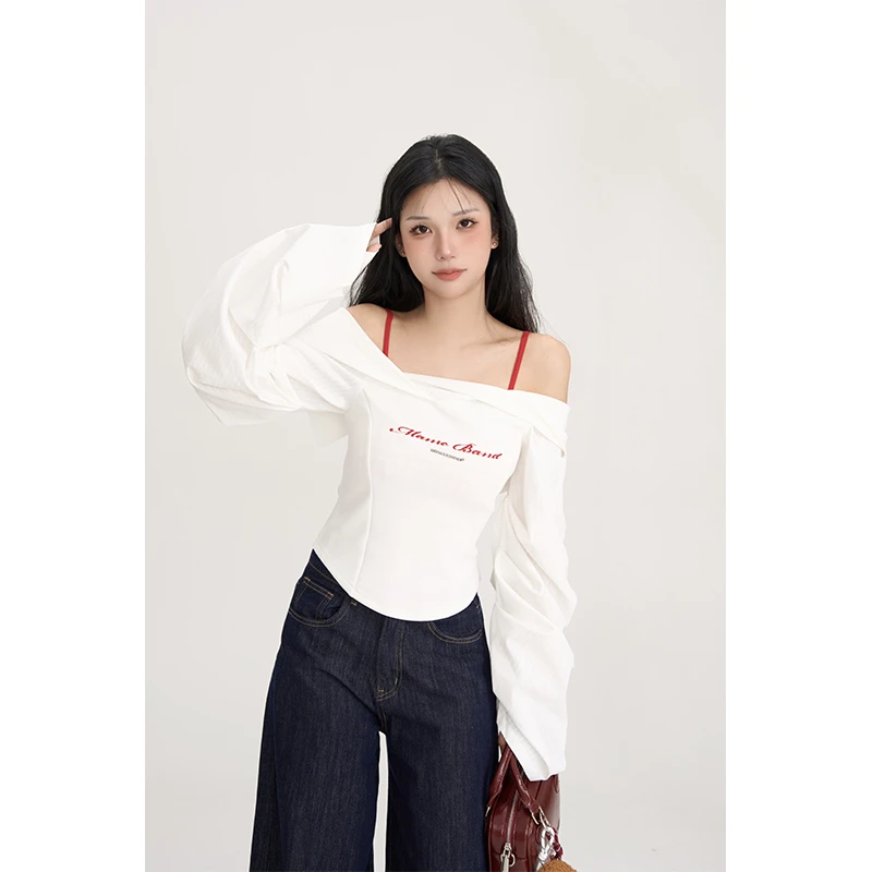 JUY1 灯笼袖暗纹白色收腰衬衫小众设计感一字肩上衣