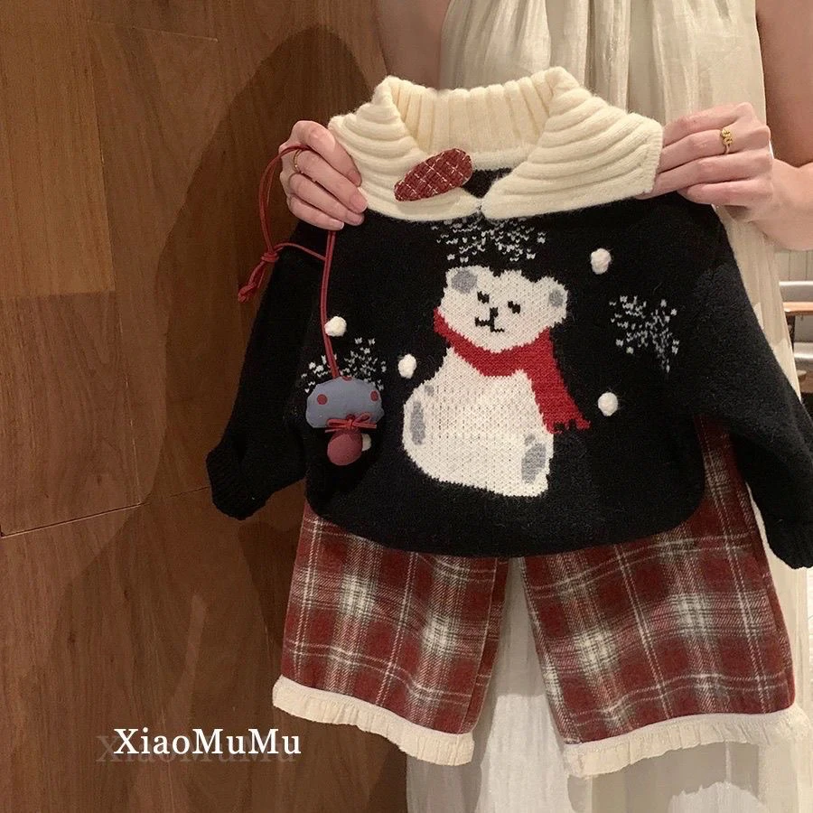 2024女童秋冬圣诞氛围感复古小熊加厚提花雪花翻领毛衣加绒直筒裤