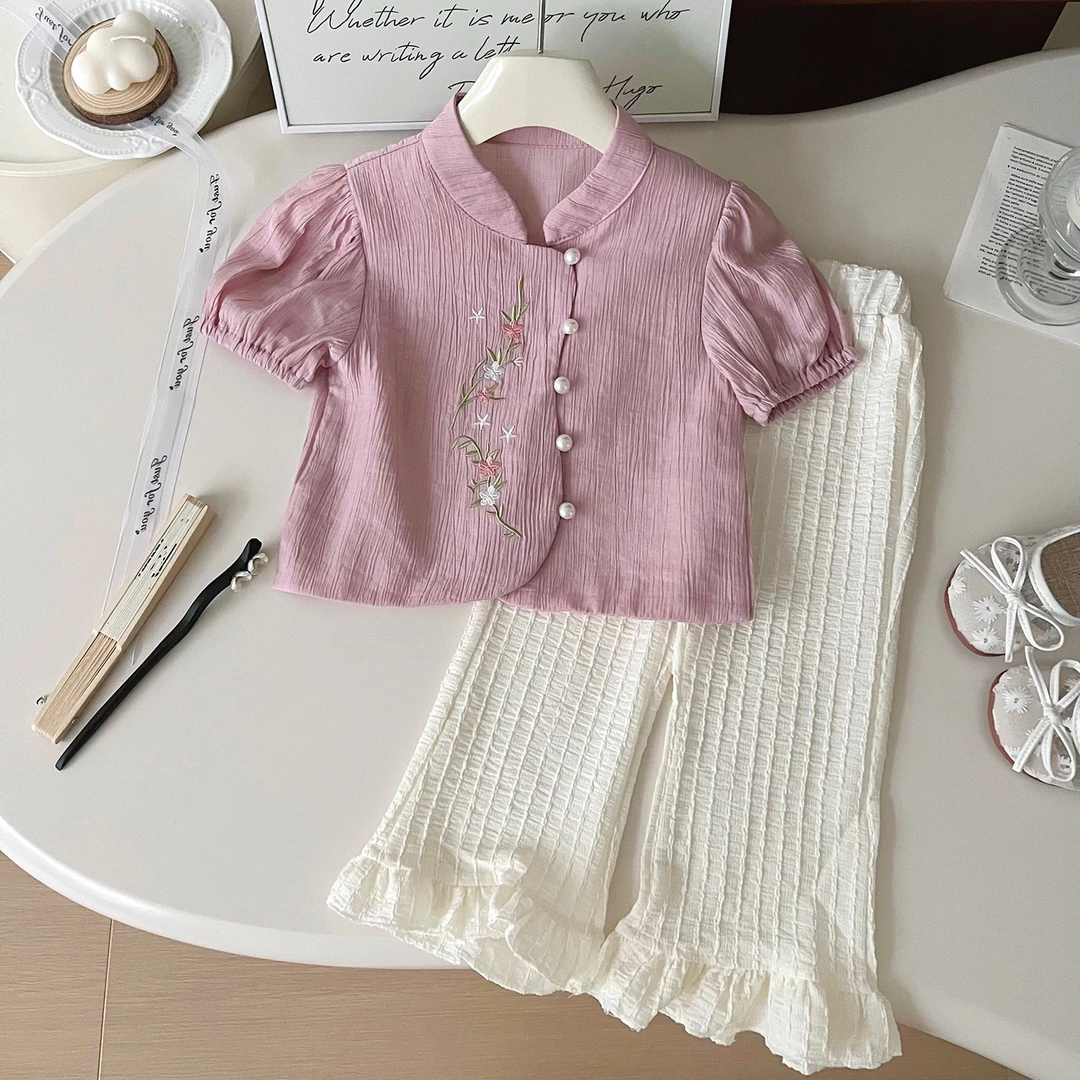 2024新款夏季新中式国风绣花小衫宽松珍珠短袖衬衣喇叭裤子两件套