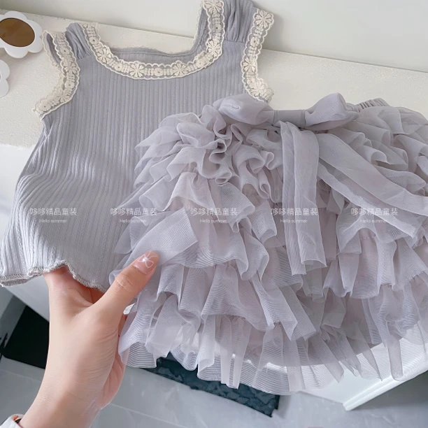 2024新款女童夏季套装宝宝背心可爱蛋糕tutu洋气两件套儿童夏装潮