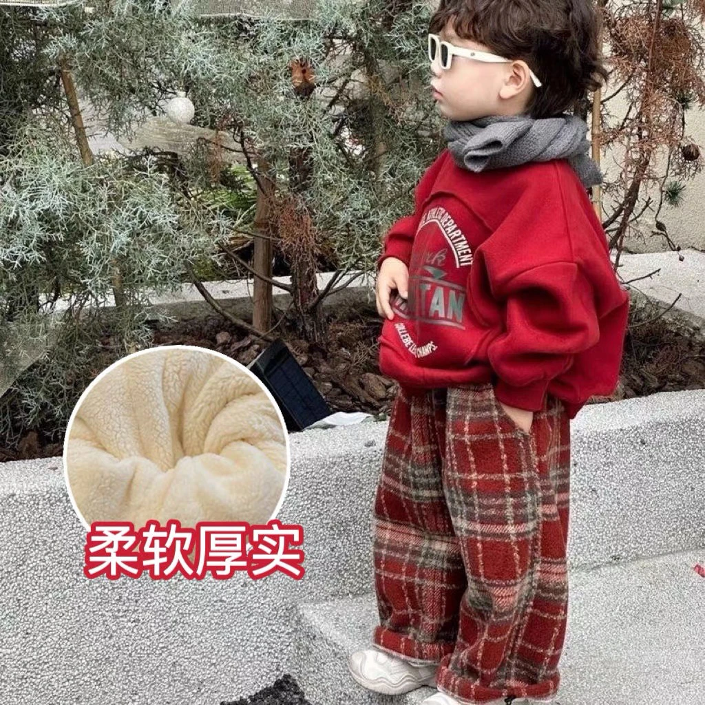2024冬新款圣诞儿童加绒卫衣亲子装男童套头衫加厚宝宝新年衣服潮