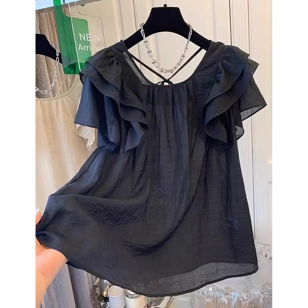 法式荷叶边小飞袖雪纺衬衫女夏季大码独特别致方领娃娃衫减龄上衣