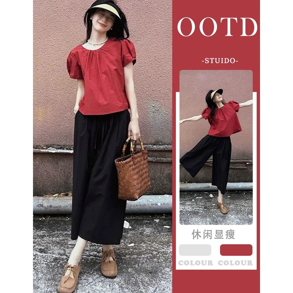 法式红色泡泡袖娃娃衫上衣女夏季大码胖mm休闲显瘦阔腿裤两件套装