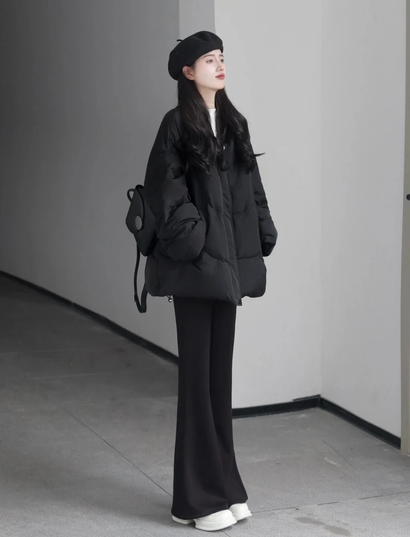 2024秋冬新款韩系穿搭高级感黑色棉服外套女搭配休闲裤显瘦两件套