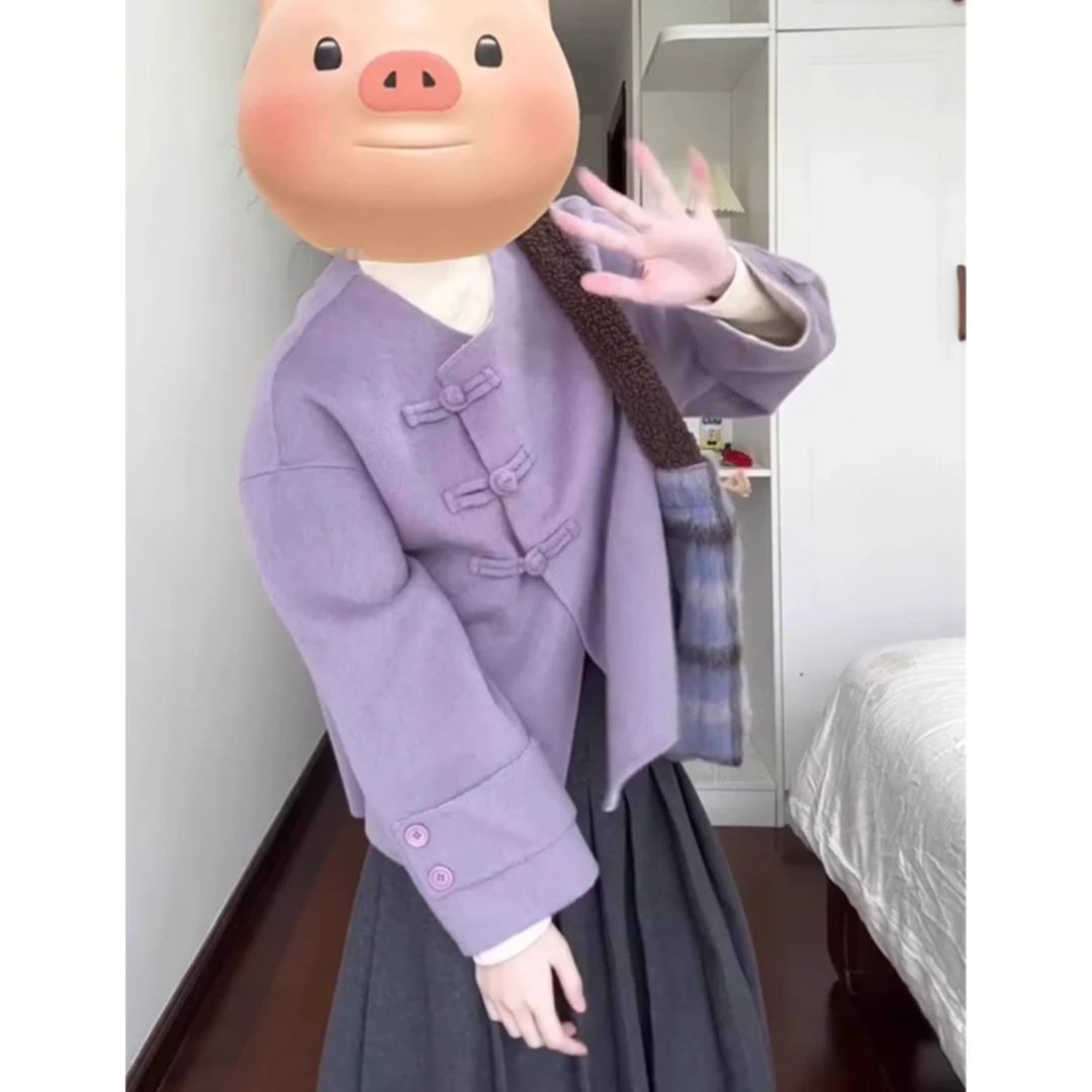 冬装搭配一整套大码微胖mm国风盘扣毛呢外套半身裙高级感两件套女