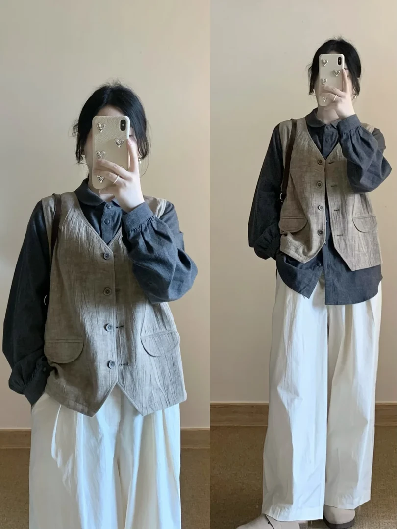 2024早秋新款茶系一整套韩风穿搭氛围感复古衬衫马甲裤子三件套女