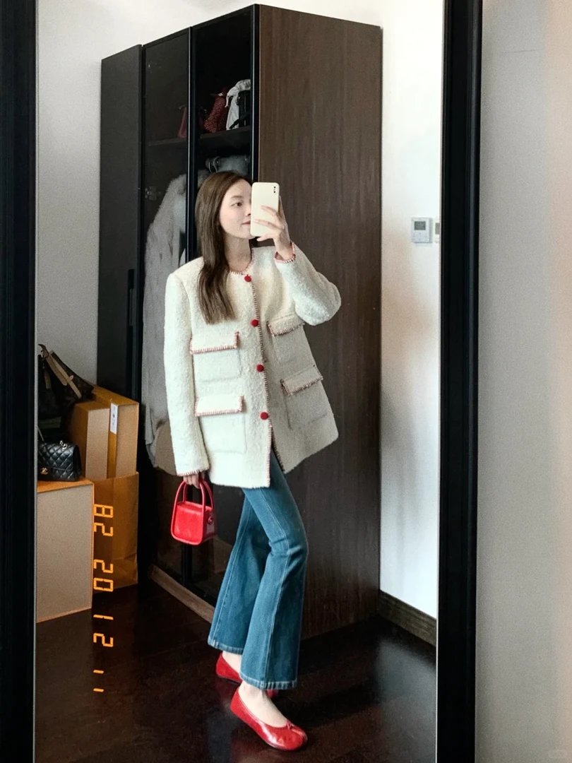 3566+3567秋冬新款小香风粗花呢白色撞色外套搭配牛仔裤两件套