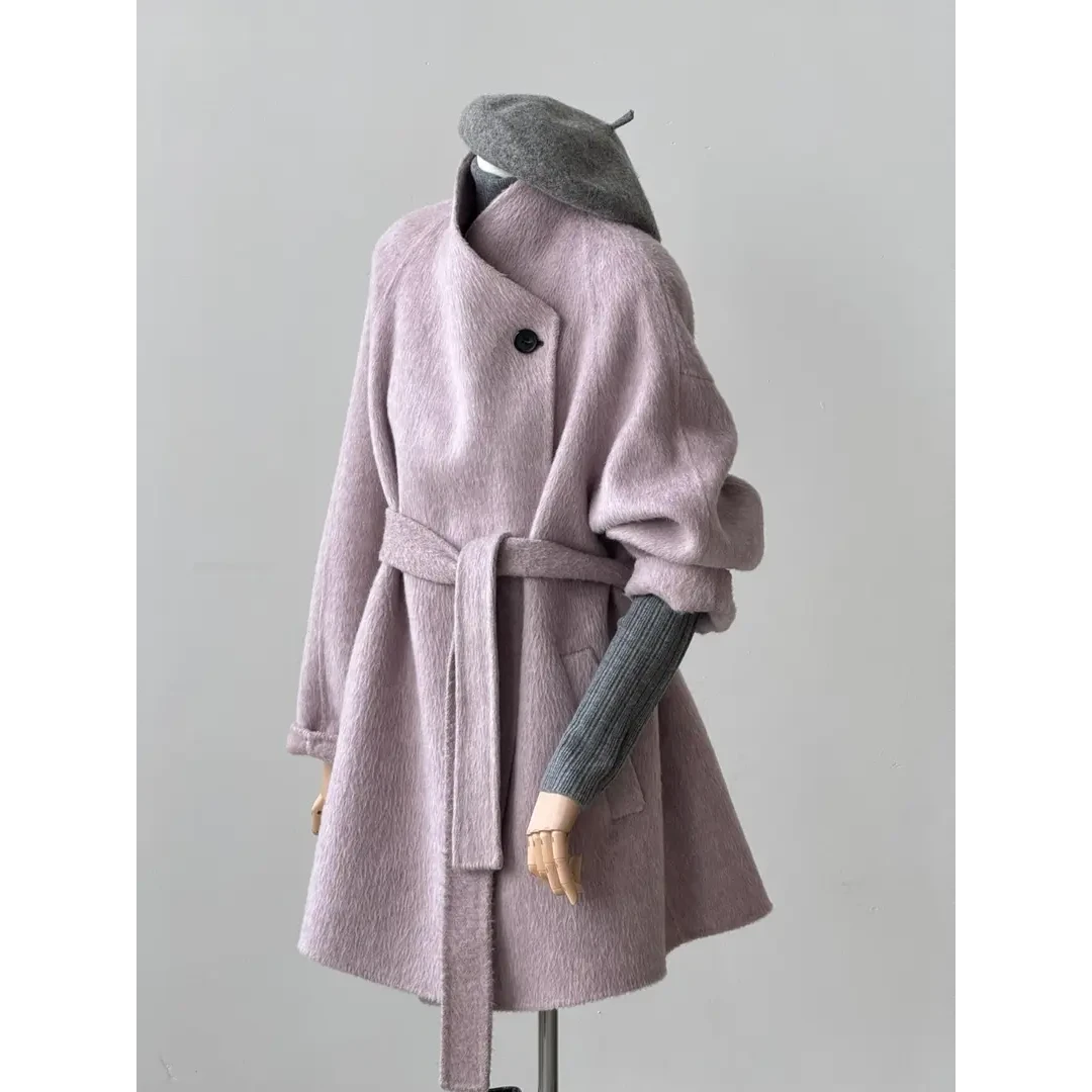 3836+3823韩版穿搭设计感系带呢子外套大衣女搭配高领毛衣套装