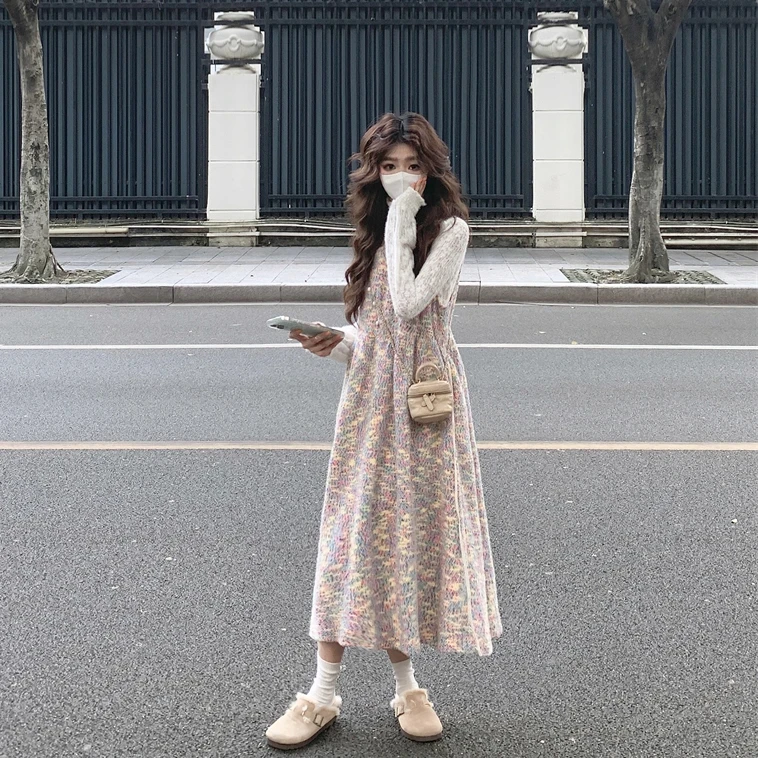 3530+3531一整套甜美减龄内搭蕾丝上衣宽松长款针织背心连衣裙