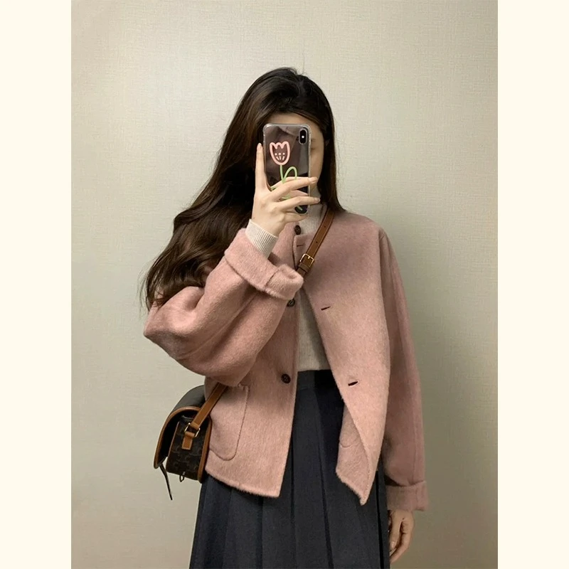 3666小香风粉色毛呢外套女冬季胖mm高级感短款呢子大衣套装裙子女