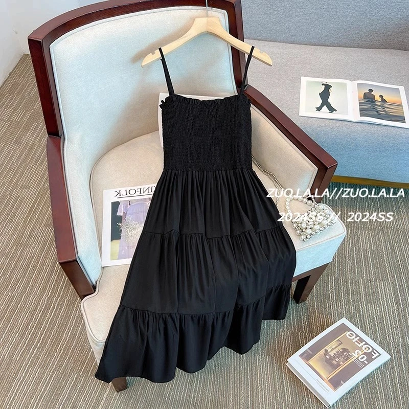 收腰黑色吊带连衣裙女夏季大码胖mm韩系复古流行好看内搭中长裙子