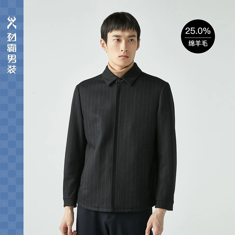 【劲霸】男款夹克外套时尚黑色弹力舒适格纹绵羊毛|FBWG3338