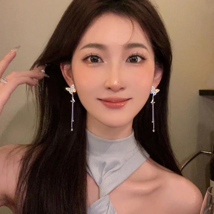 铜合金耳饰 时颜】蝴蝶流苏耳环超仙耳钉小众高级感时尚百搭耳饰女