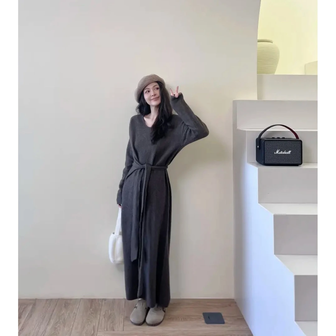 秋季优雅显瘦V领交叉侧边绑带收腰过膝连衣裙女