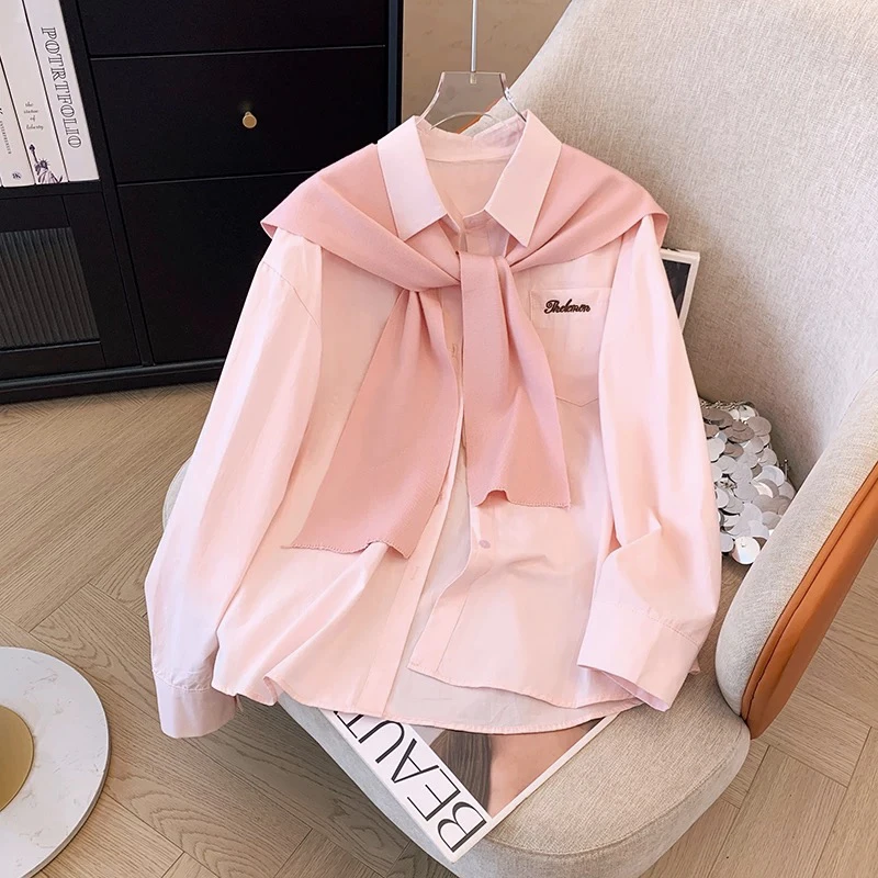 奈沛诗Z2024-491刺绣Polo领长袖时尚衬衫百搭披肩外搭套装