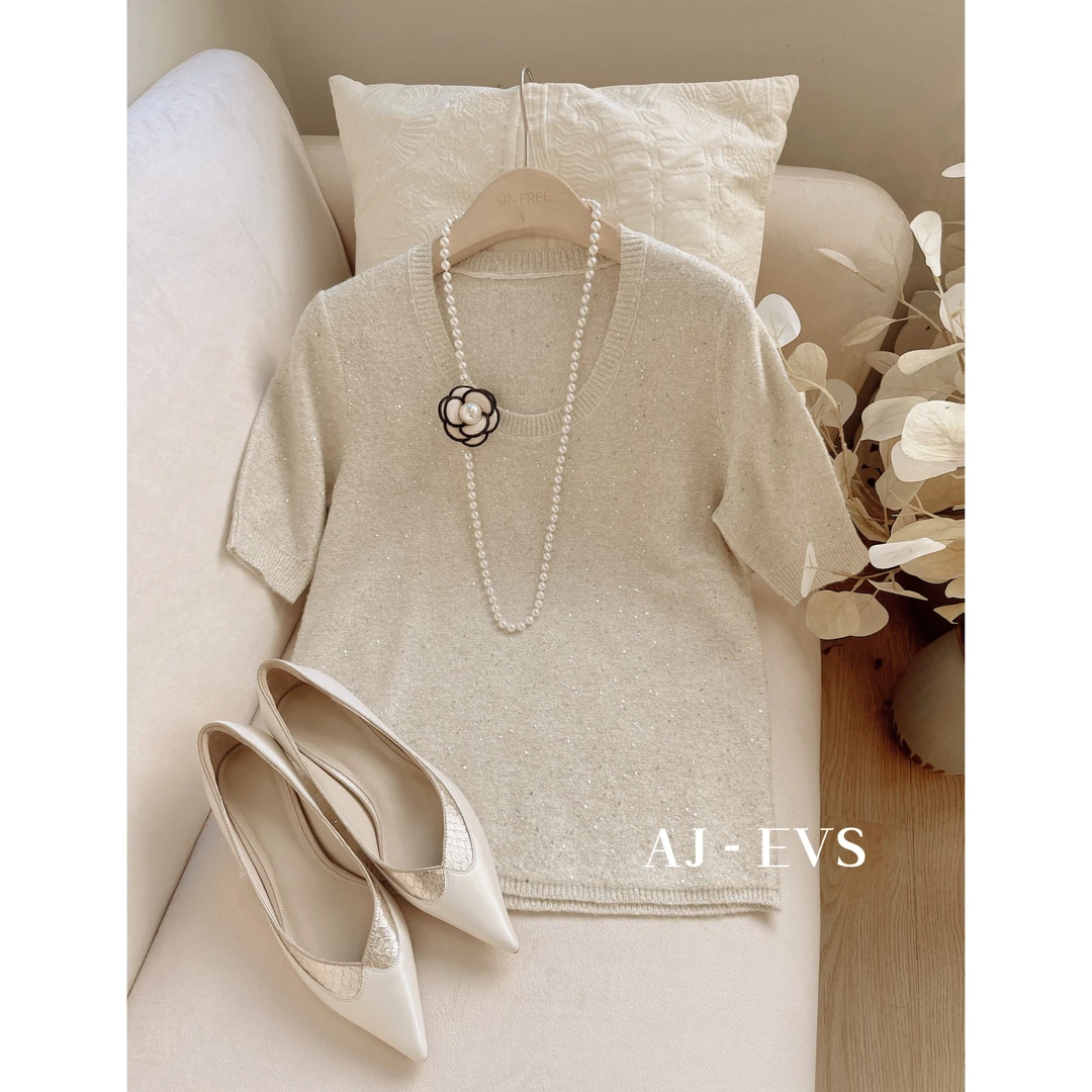 AJ-EVS【意大利定制亮片小众短袖针织衫】