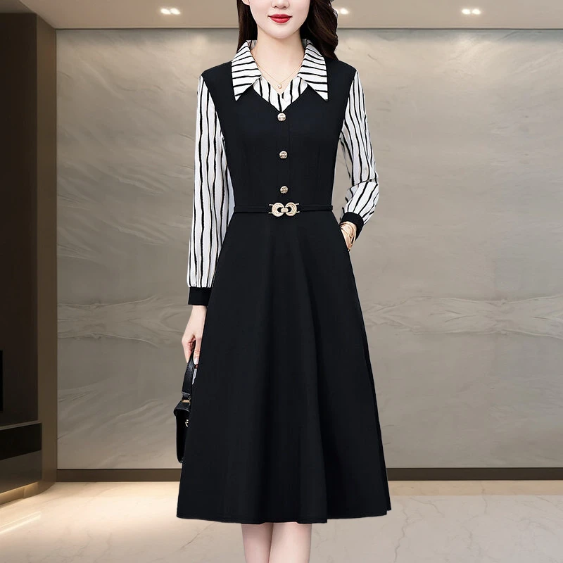 有口袋轻奢高级感女款新款秋季长袖连衣裙大码女装假两件黑色裙子