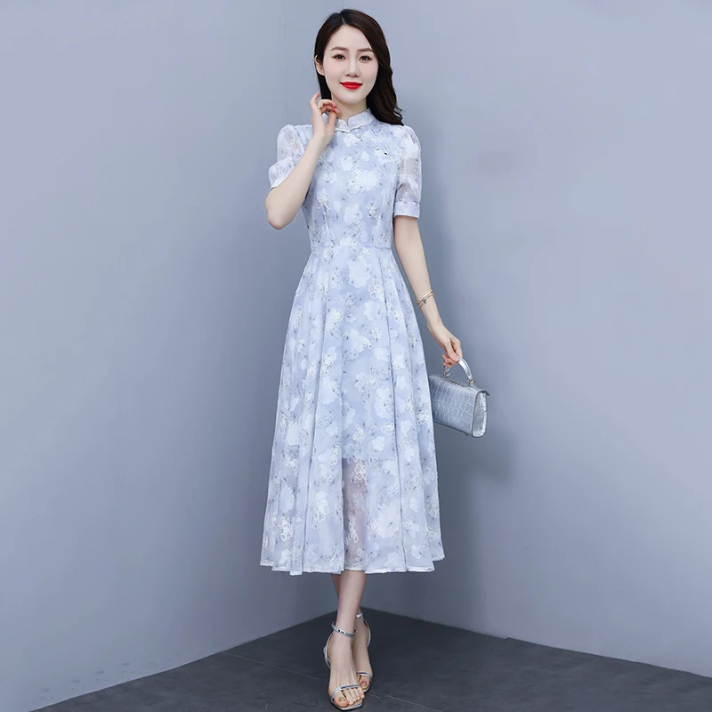 旗袍领雪纺长袖连衣裙2023夏装新款长款气质仙女裙子到脚踝超仙