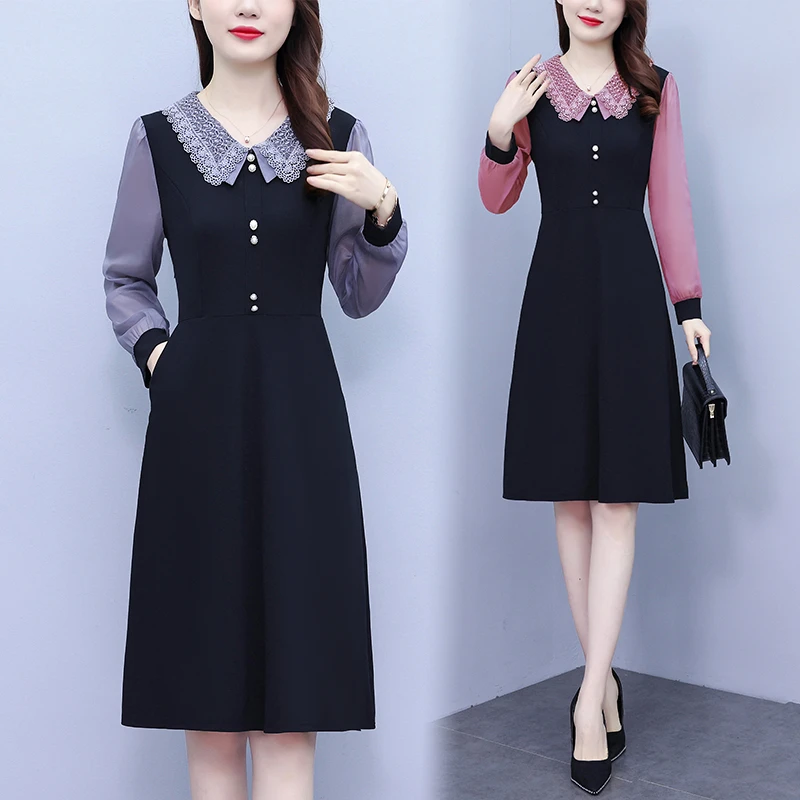 有口袋大码女装2025新款春秋季女款假两件时尚长袖洋气拼接连衣裙