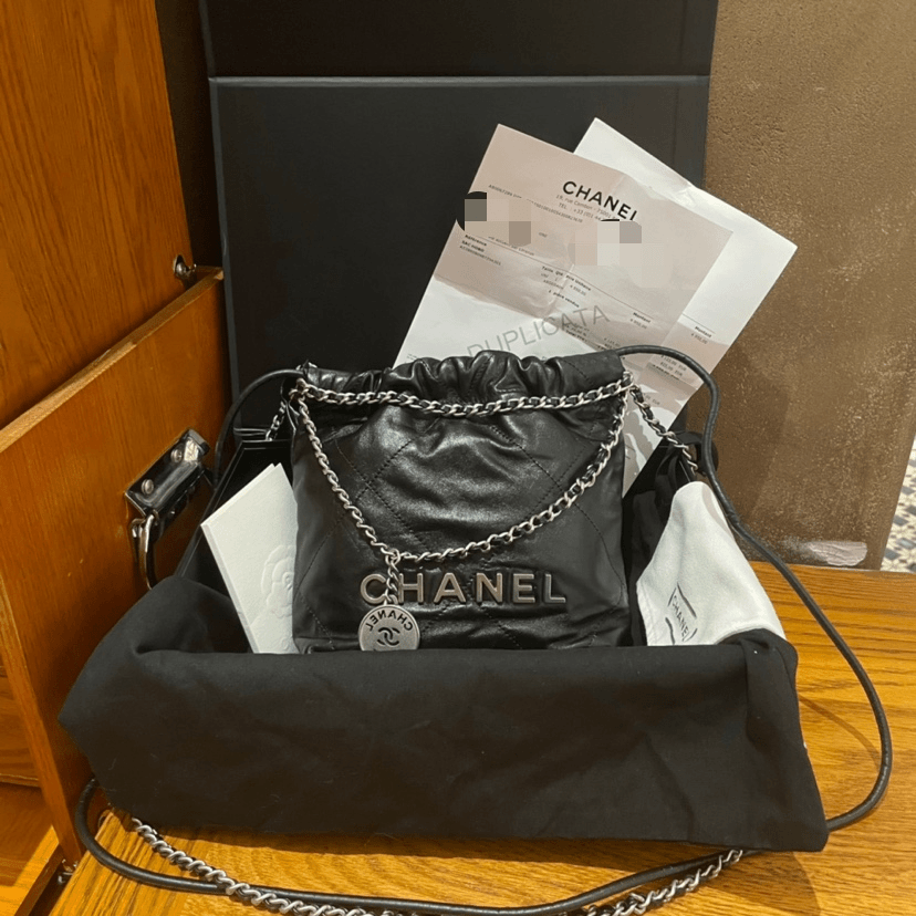95新 Chanel/香奈儿 /22Bag 黑银mini垃圾袋 芯片款/SP20109