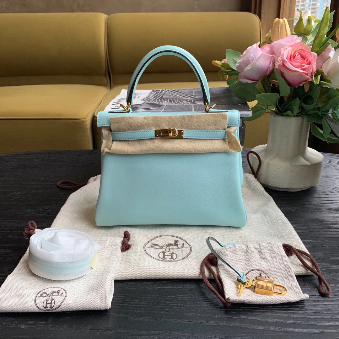 99新 Hermes/爱马仕 金扣 A刻 kelly25 蓝色手拎包 /sp16218