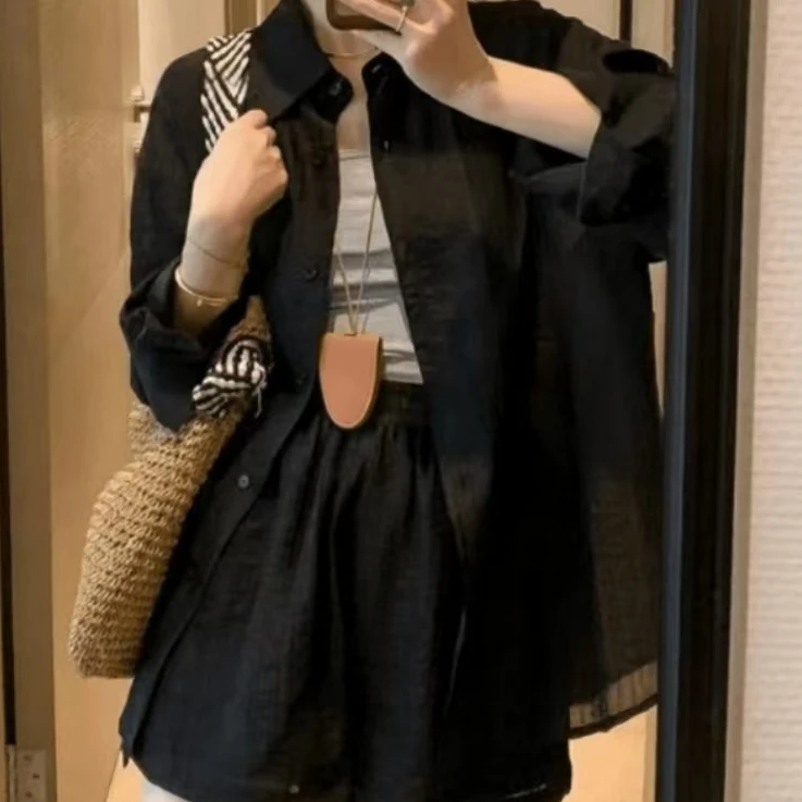 夏季新款纯色洋气减龄肌理纹路舒适百搭防晒衬衫短裤两件套8808-G