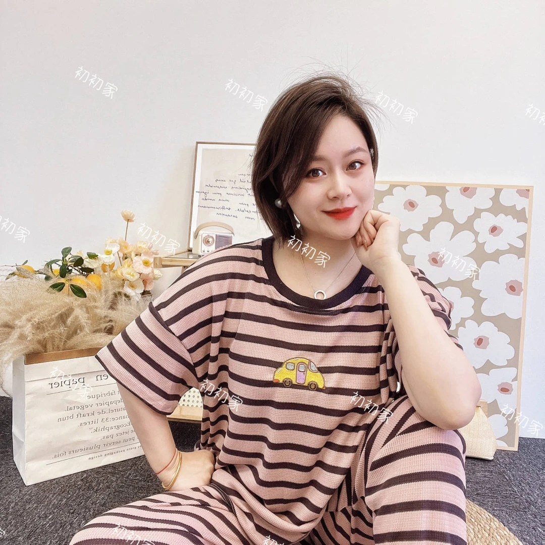 初初家【彩色条纹】休闲减龄宽松套装大码显瘦纯棉时尚百搭圆领韩版
