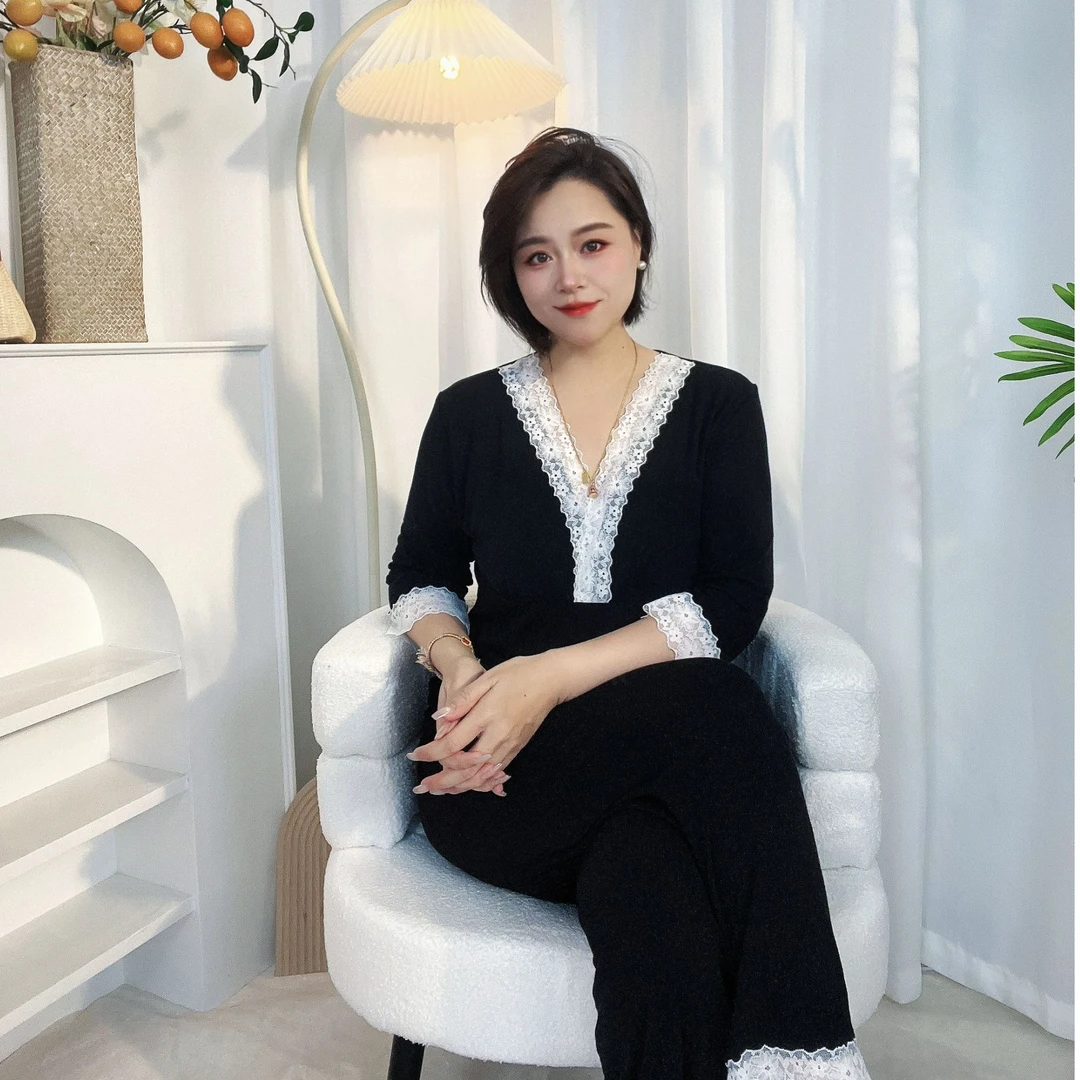 初初家【5D新氧棉】蕾丝V领带胸垫显瘦春秋大码睡衣舒适家居服套装