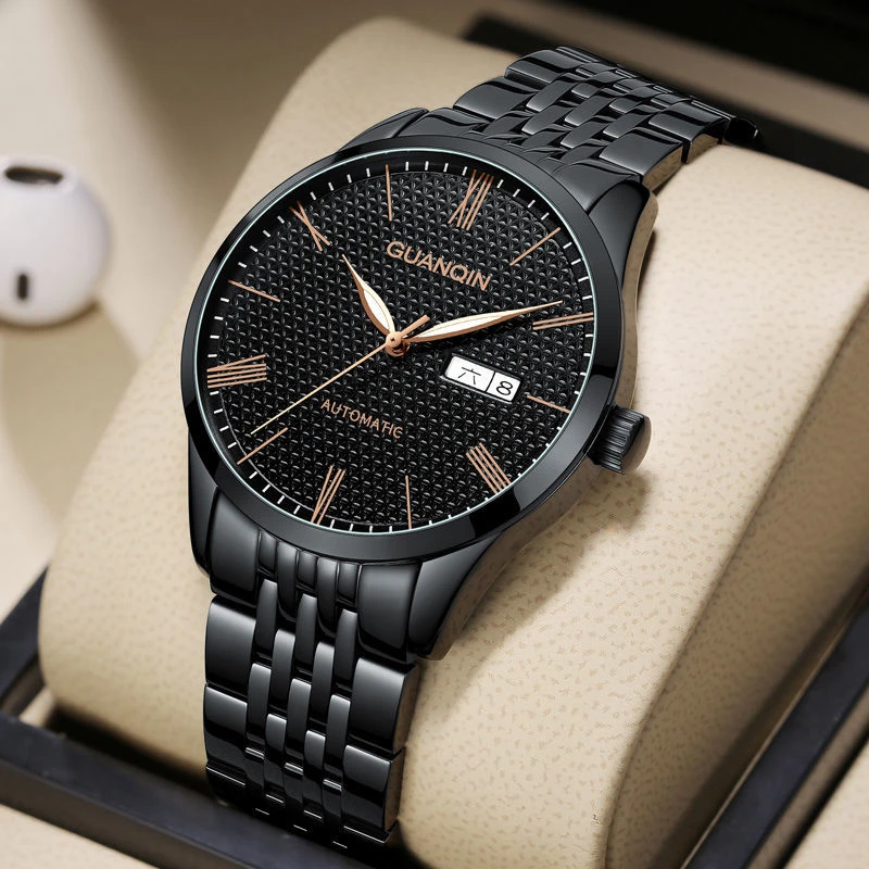 新款男款冠琴瑞士手表双日历男士全自动机械表精钢带夜光防水男表