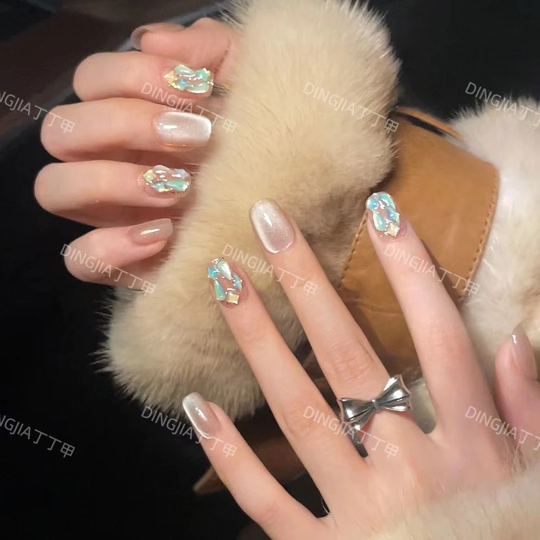 【荧光猫眼】秋冬纯欲爆闪猫眼粉色仙女气质美甲丁丁甲纯手工穿戴甲