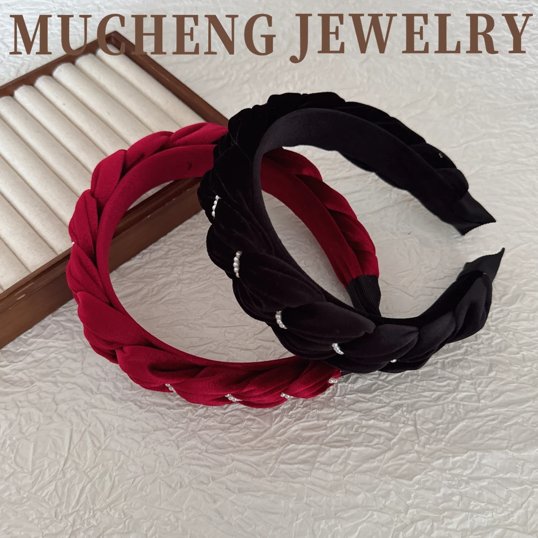 T041丝绒秋冬高颅顶气质发箍时尚百搭复古编织宽边红色法式手工