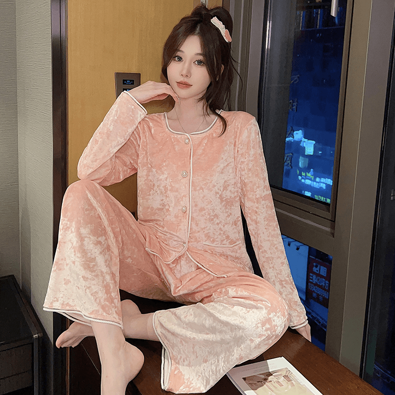 秋冬新款加绒睡衣女可爱风秋季金丝绒家居服女蕾丝花边