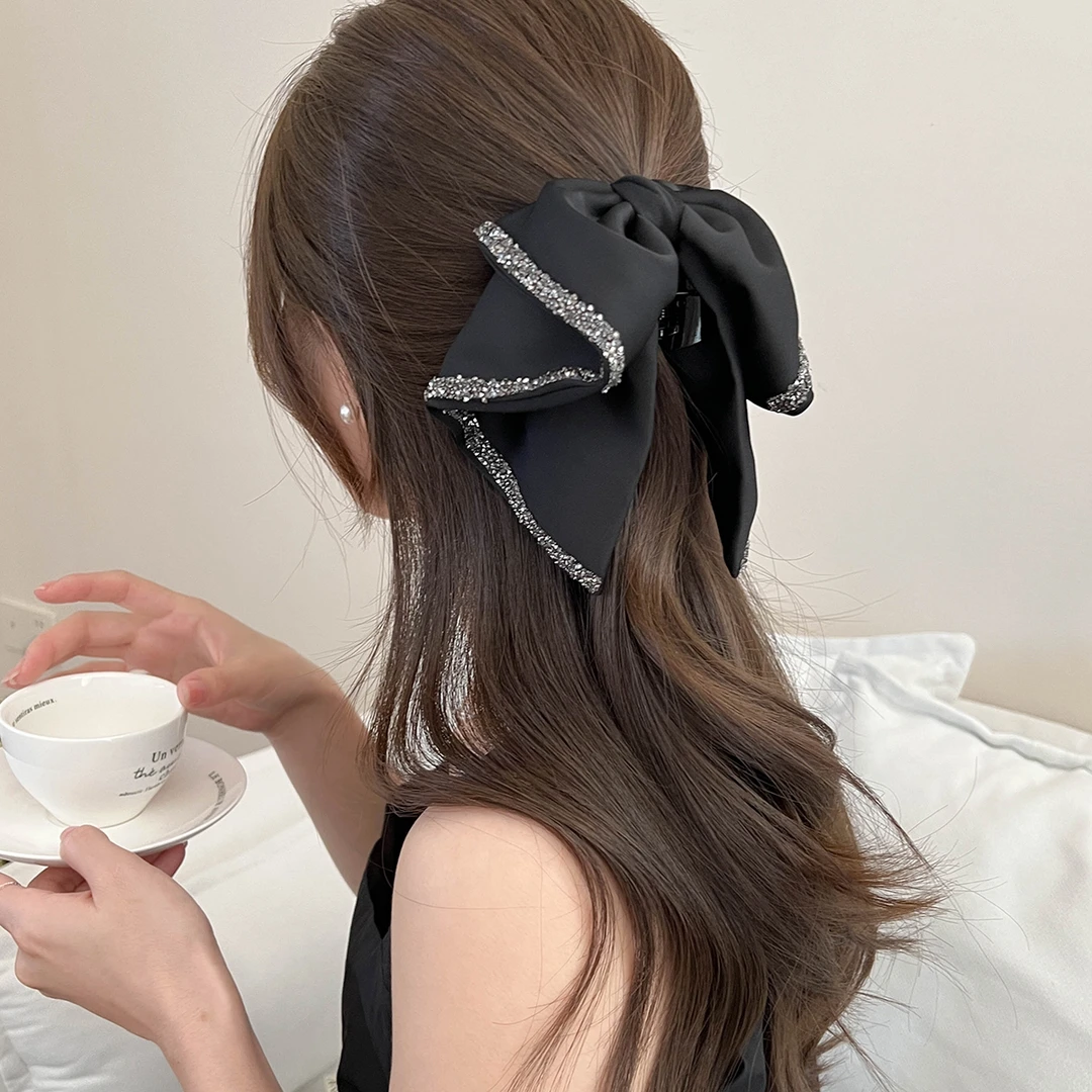 E3775 秋冬气质复古缎面双层蝴蝶结懒人抓夹法式赫本风显发量发饰