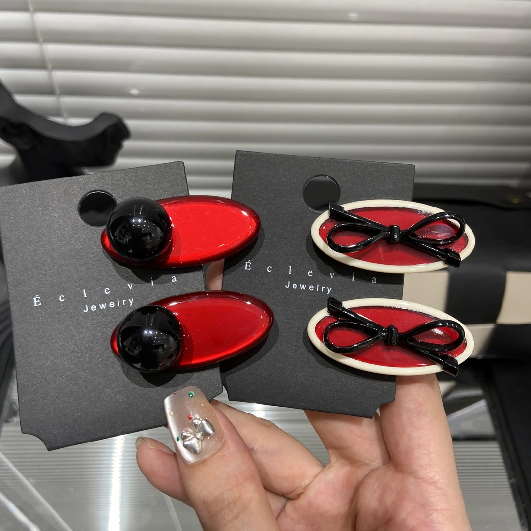 E3569 单只装秋冬新款安可拉红气质蝴蝶结珠珠公主夹醋酸刘海边夹