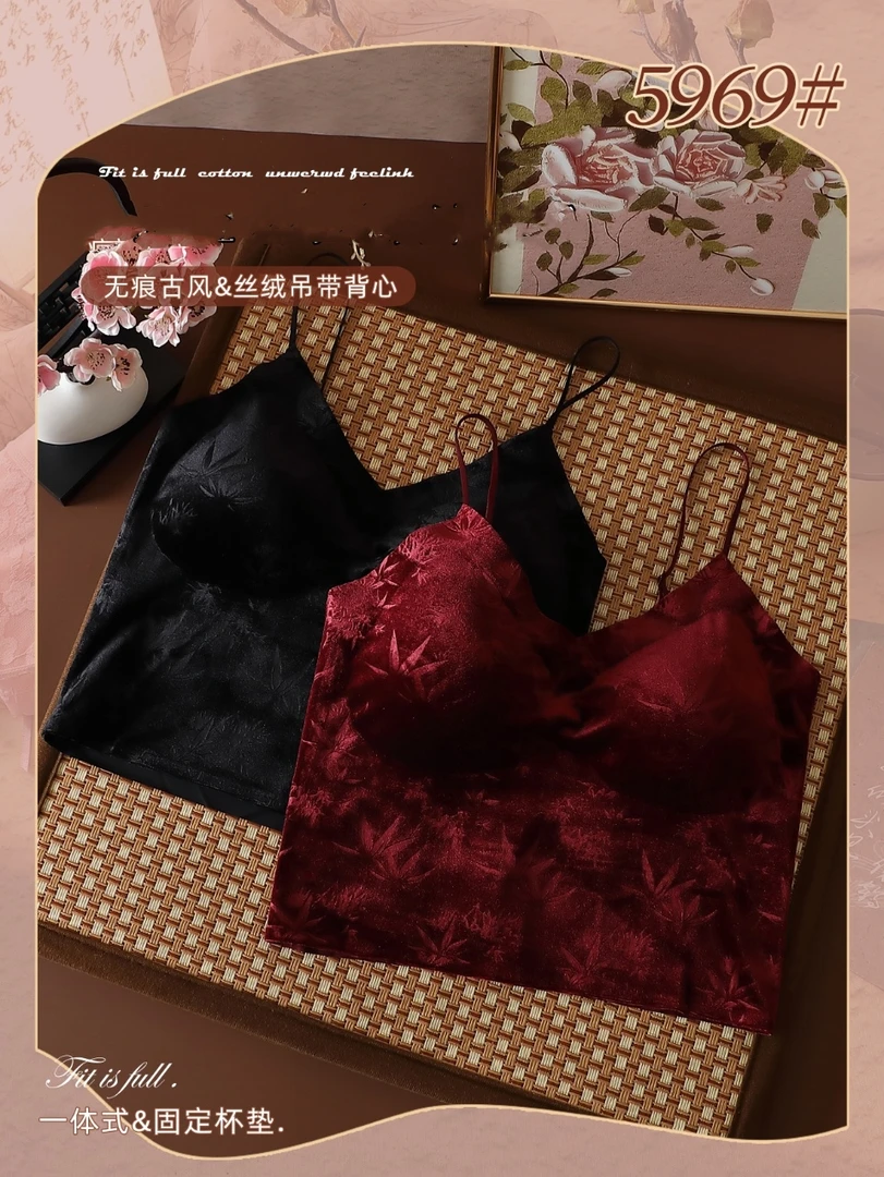 【女人味】无痕古风抹胸印花丝绒吊带背心女一体式固定杯垫5969