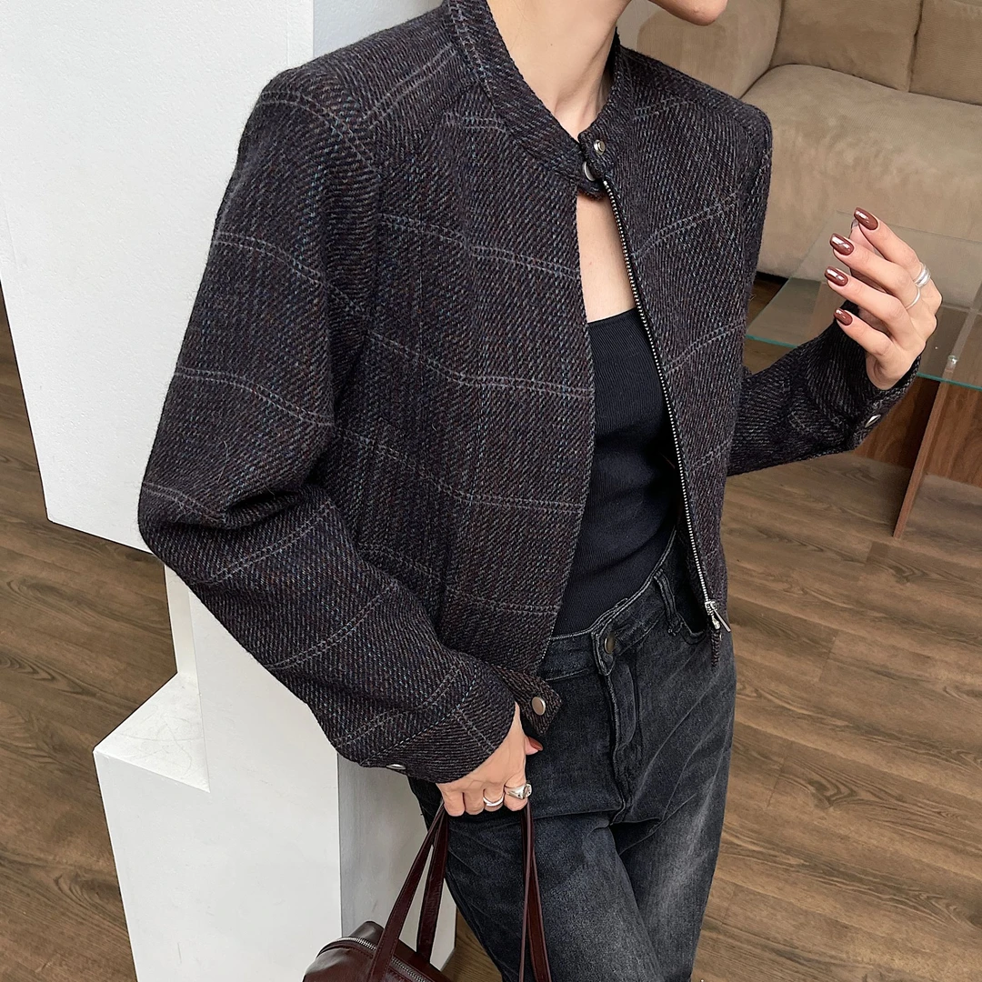 2024秋冬新款立领拉链格子小香风外套气质休闲潮流韩版格子短夹克