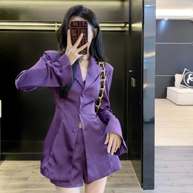 长袖气质轻奢洋气西装+显瘦短裤套装网红女神收腰修身紫色炸街